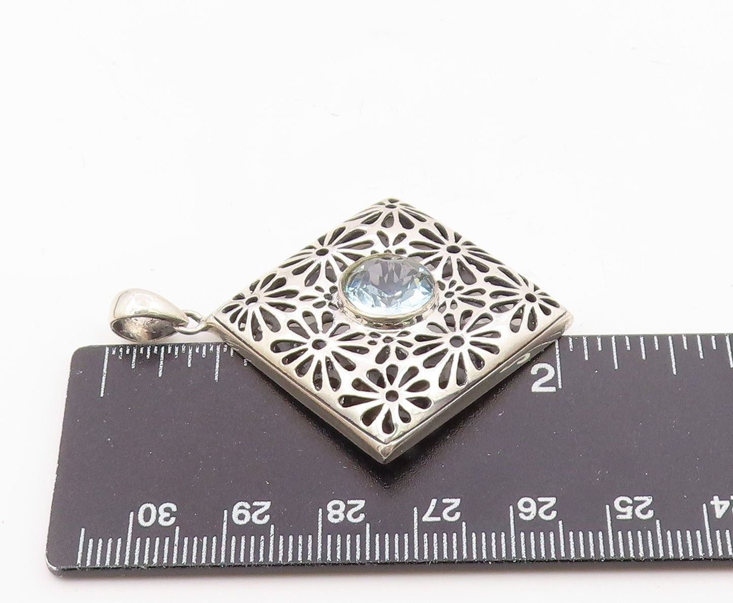 925 Silver  Vintage Floral Openwork Inlaid Blue Topaz Drop Pendant  PT21518