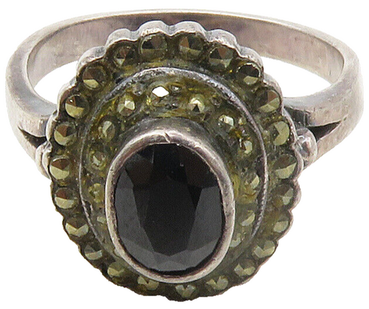 925 Sterling Silver  Vintage Hematite & Marcasite Band Ring Sz 8.5  RG16598