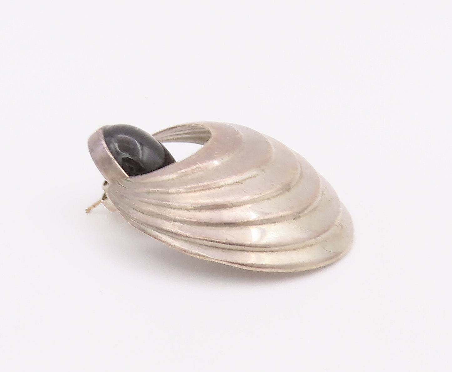 14k Gold 925 Sterling Silver Vintage Earrings Domed Grooved Oval Onyx  EG12927