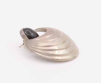 14k Gold 925 Sterling Silver Vintage Earrings Domed Grooved Oval Onyx  EG12927