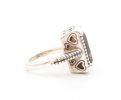 925 Sterling Silver Vintage Ring Rectangle Smoky Quarts Heart Cut  Sz 5  RG31810