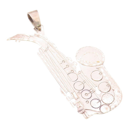 925 Sterling Silver  Vintage Shiny Etched Saxophone Instrument Pendant PT10332