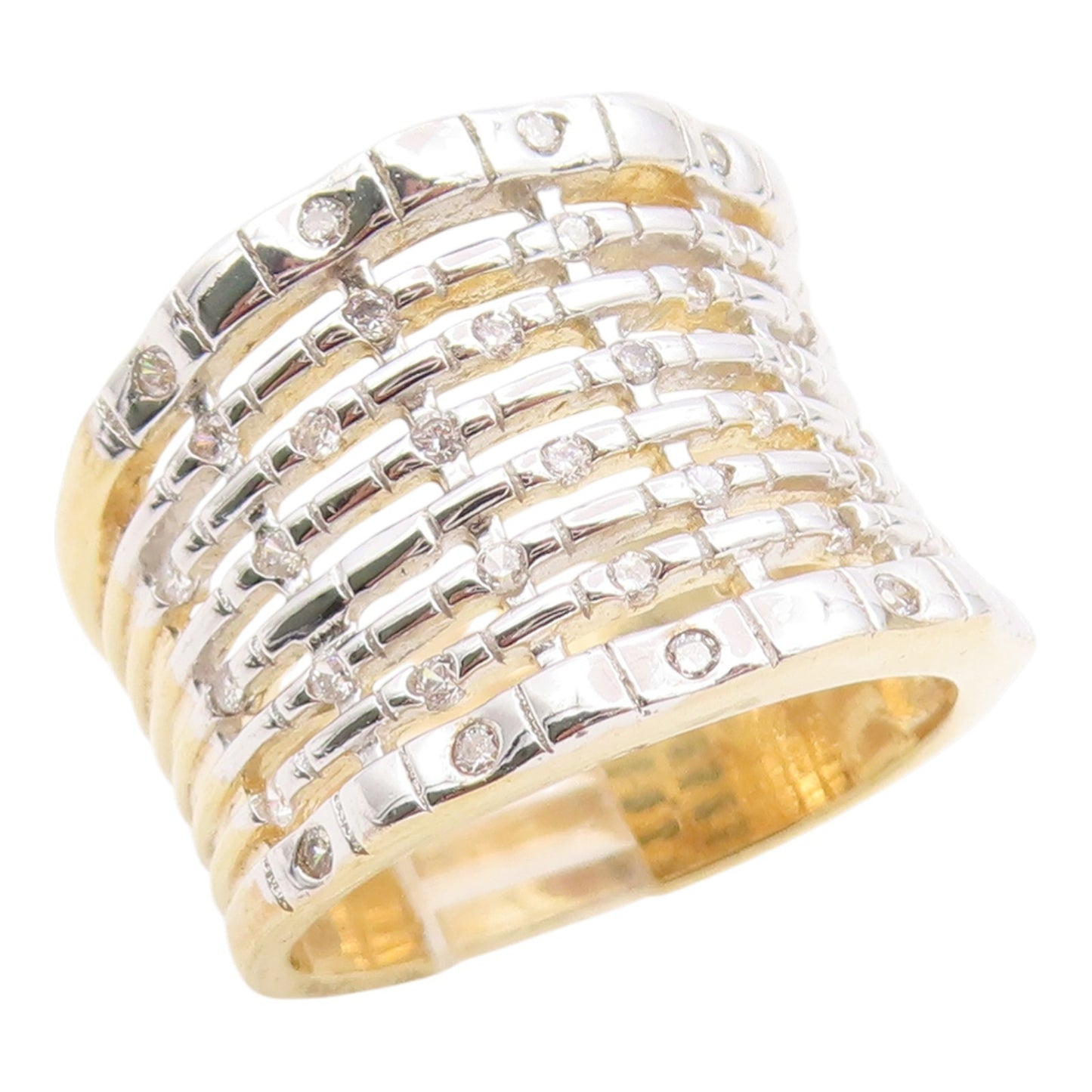 925 Sterling Silver Vintage Ring Two Tone Multi Row CZ Wide Band  Sz 7  RG35620