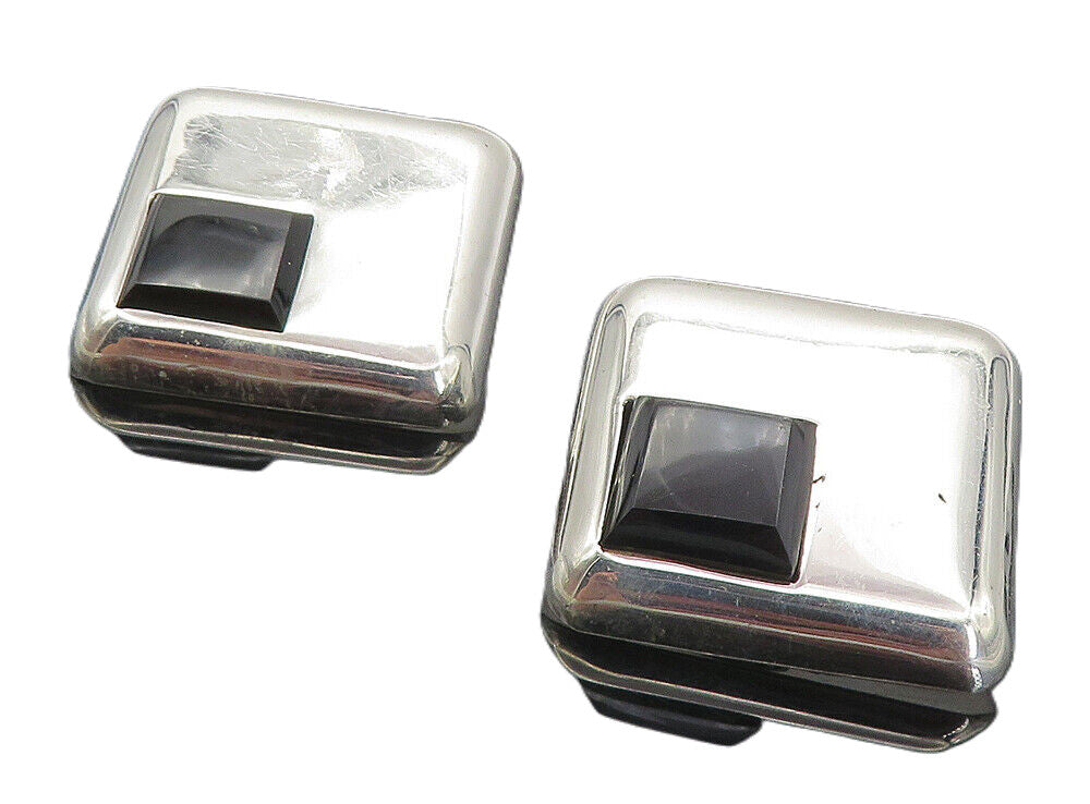 MEXICO 925 Sterling Silver  Vintage Black Onyx Non Pierce Earrings  EG3855