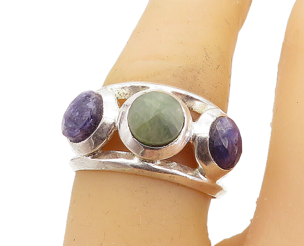 925 Sterling Silver  Emerald & Sapphire Split Shank Band Ring Sz 7  RG7914