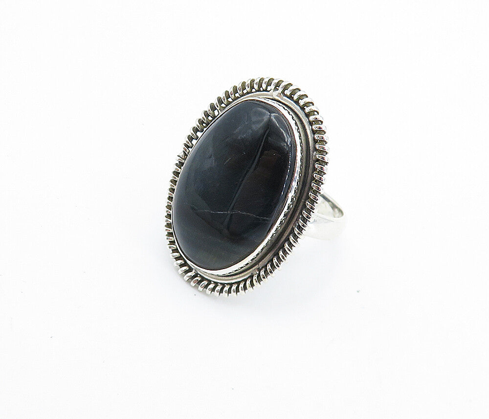925 Sterling Silver  Black Agate Shiny Oval Twist Cocktail Ring Sz 9.5  RG7987