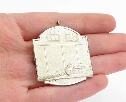 925 Sterling Silver  Vintage Man Shooting Rifle Scene Drop Pendant  PT4540