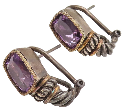 EFFY 18K GOLD & 925 Sterling Silver Vintage Square Amethyst Earrings EG12537