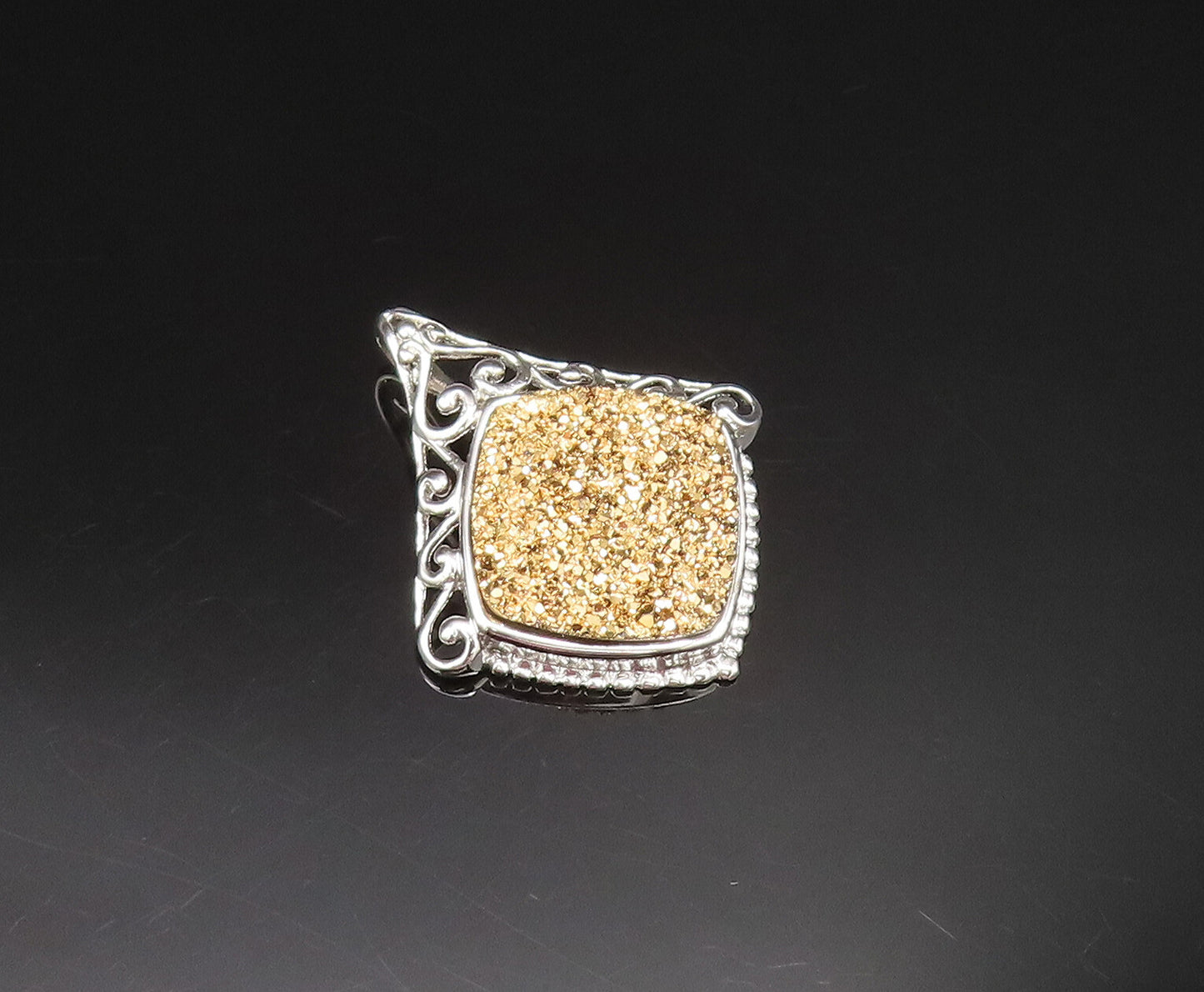 925 Sterling Silver  Vintage Open Scroll Edge Drusy Quartz Pendant  PT20994
