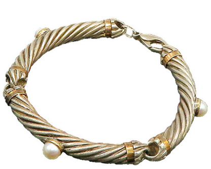 925 Silver & 14K GOLD  Vintage Cultured Pearls Twist Chain Bracelet  BT9083