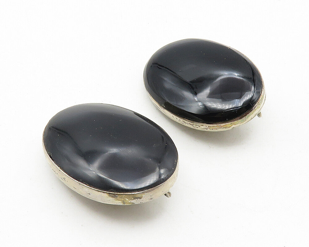 MEXICO 925 Silver  Vintage Cabochon Cut Black Onyx Non Pierce Earrings EG5842
