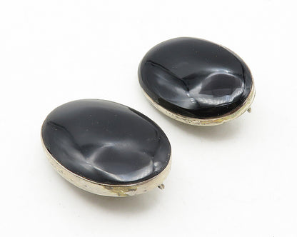 MEXICO 925 Silver  Vintage Cabochon Cut Black Onyx Non Pierce Earrings EG5842