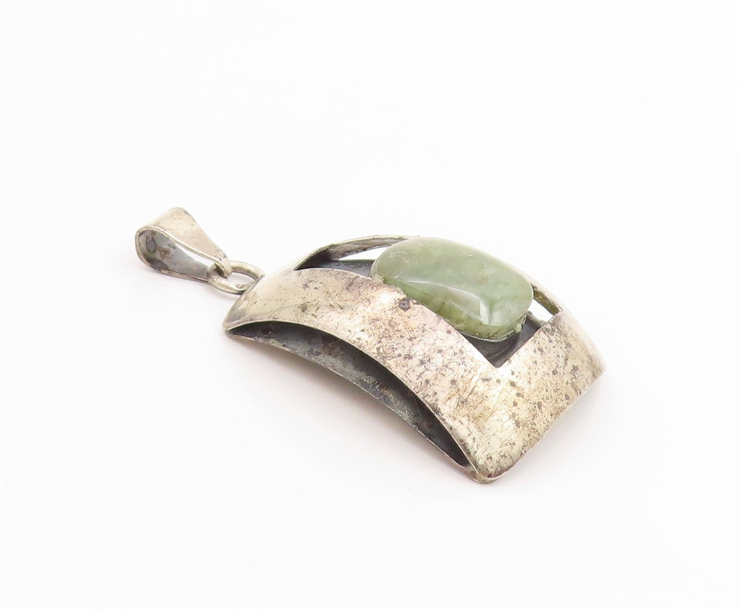 925 Sterling Silver Vintage Pendant POLAND Green Cabochon Gemstone   PT25155