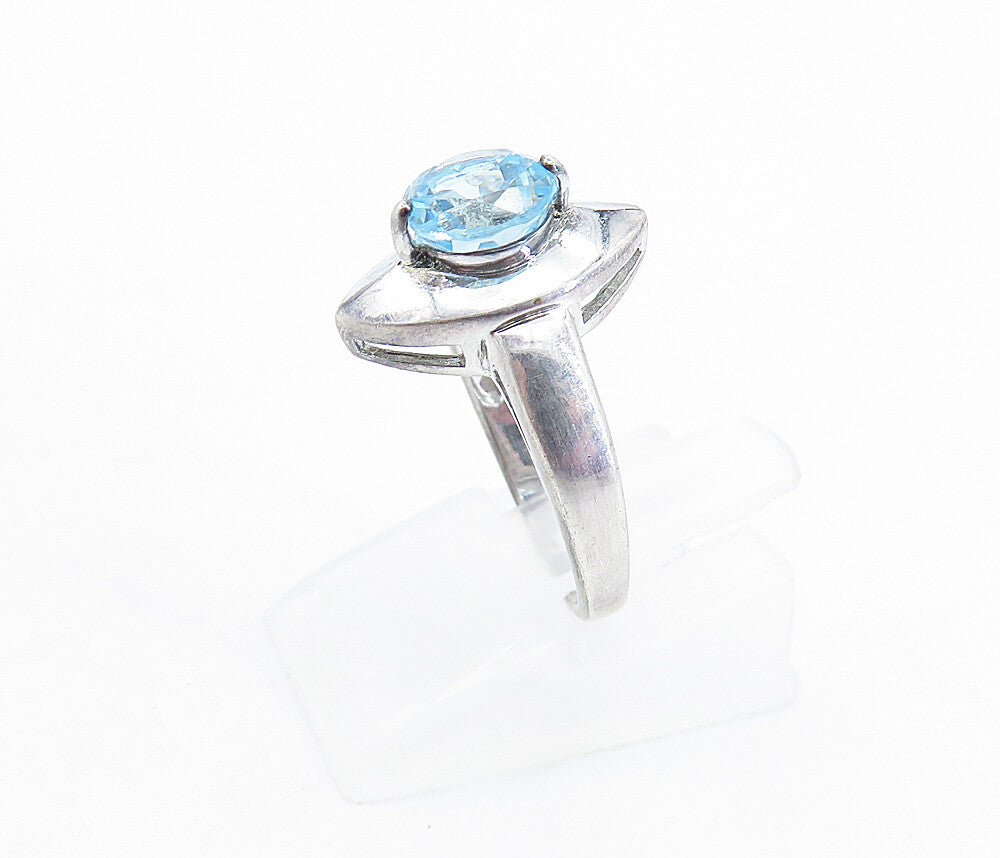 925 Sterling Silver  Blue Topaz Shiny Pointed Oval Cocktail Ring Sz 6  RG6770