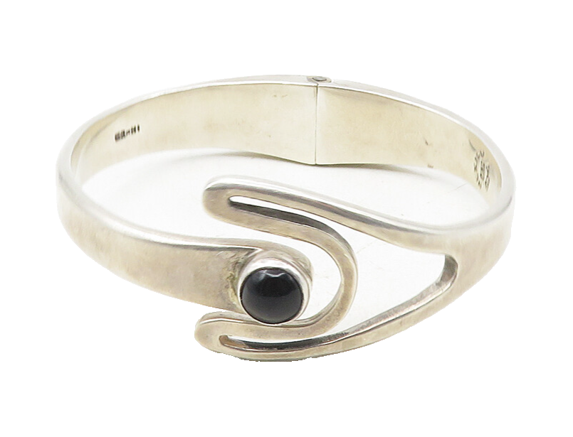 MEXICO 925 Silver  Vintage Cabochon Black Onyx Hinge Bangle Bracelet  BT4181