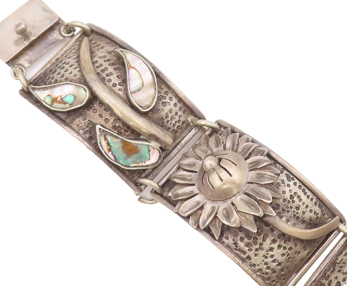 925 Sterling Silver Vintage Bracelet MEXICO Designer Sunflower & Abalone BT10434