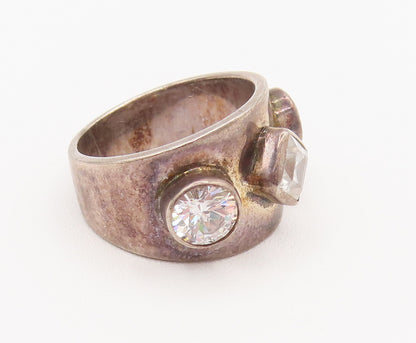 925 Silver  Vintage Round & Diamond Shaped Cubic Zirconia Ring Sz 6.75 RG26191