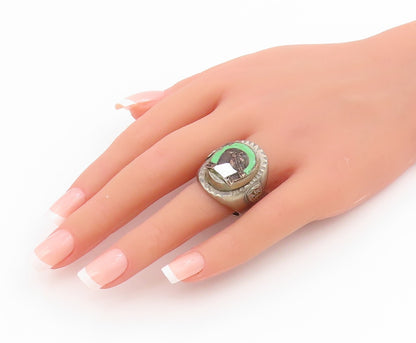 925 Sterling Silver Vintage Ring Antique Enamel Horse & Horseshoe Sz 10 RG34504