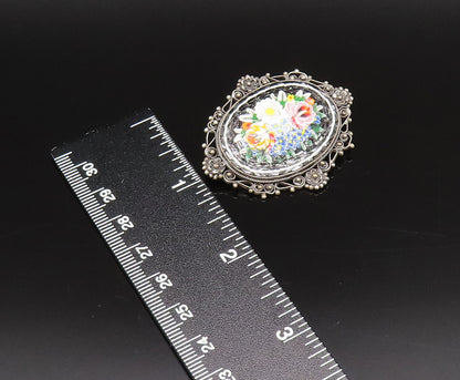 925 Sterling Silver Vintage Floral Enamel Art Beaded Border Brooch Pin BP10053