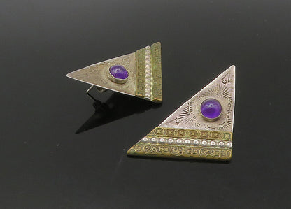 925 Sterling Silver Vintage Amethyst Two Tone NAVAJO  Drop Earrings  EG11168