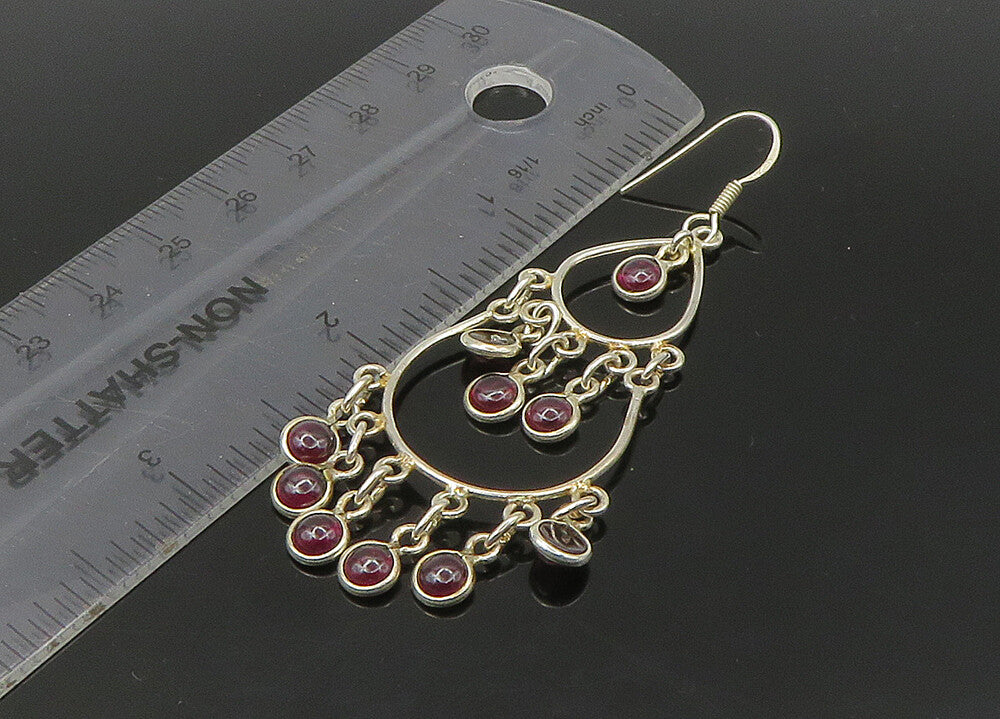 925 Sterling Silver  Vintage Cabochon Cut Garnet Chandelier Earrings  EG11138