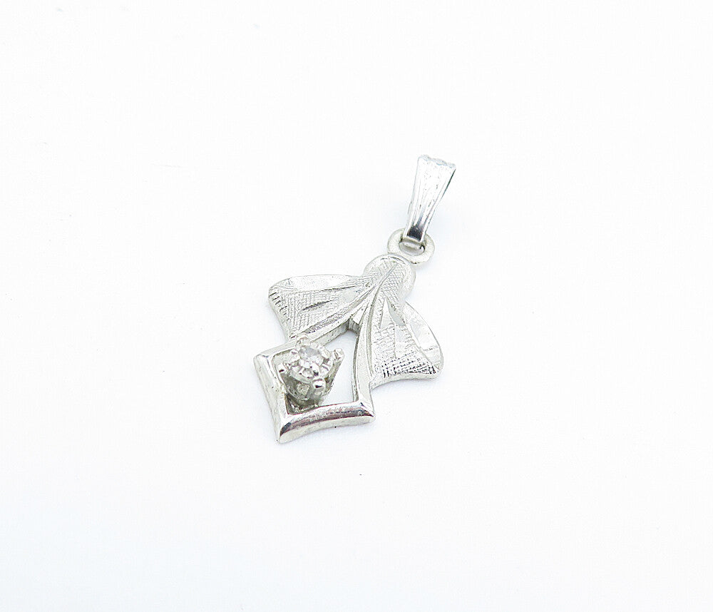 925 Sterling Silver  Genuine Diamond Accented Ribbon Bow Pendant  PT5341