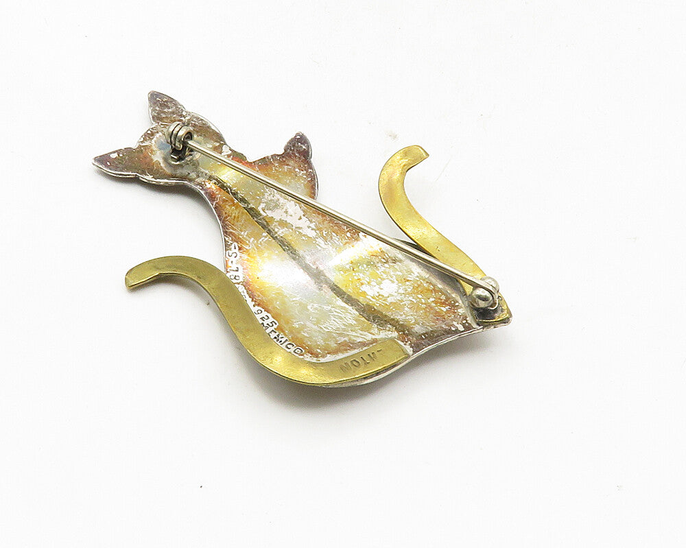 MEXICO 925 Sterling Silver  Vintage Two Tone Sitting Cats Brooch Pin  BP3657