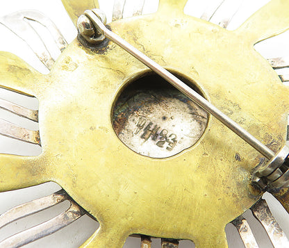 MEXICO 925 Sterling Silver  Vintage 2 Tone Etched Sun Face Brooch Pin  BP3119