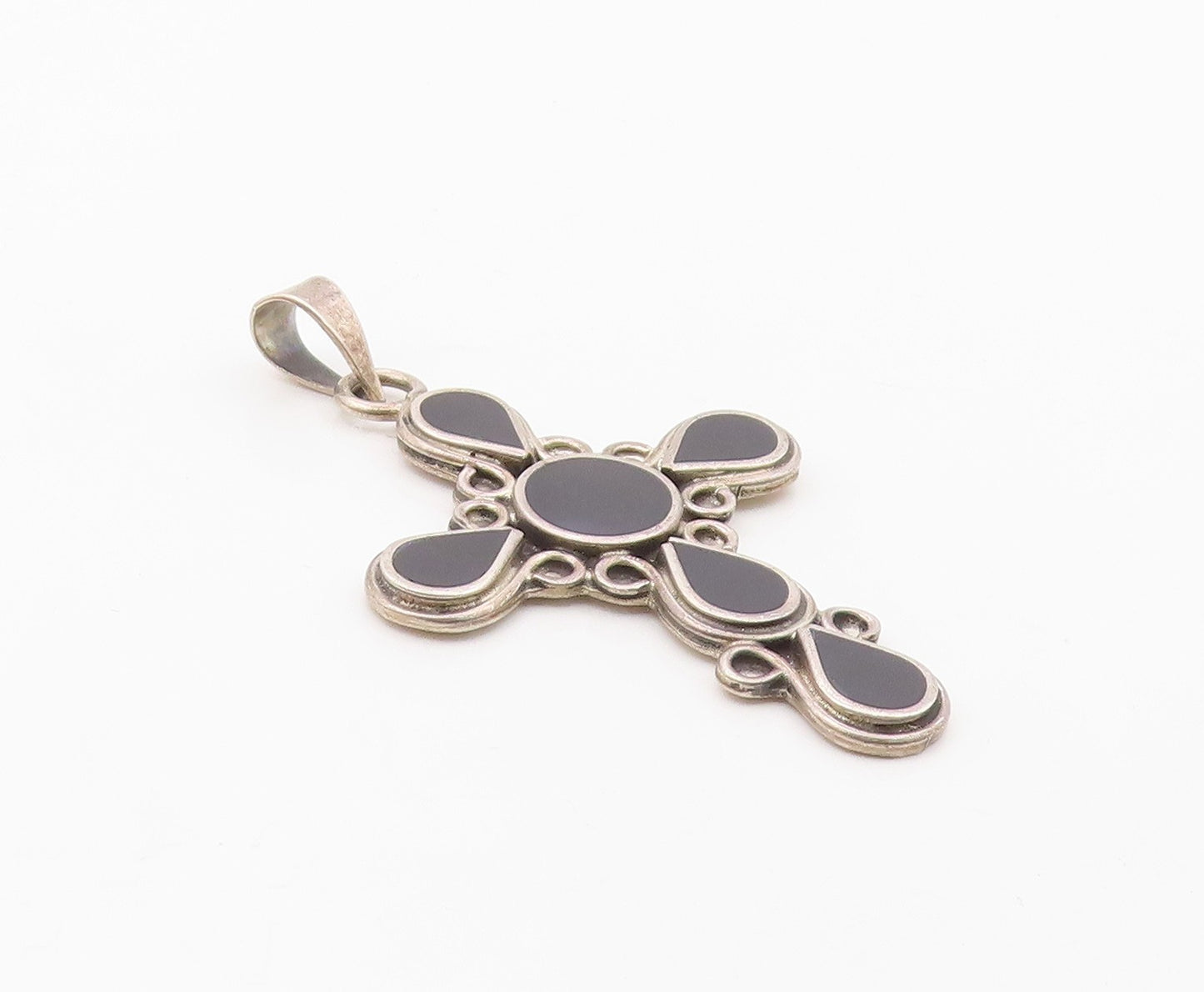 MEXICO 925 Silver  Vintage Inlaid Black Onyx Religious Cross Pendant  PT20794