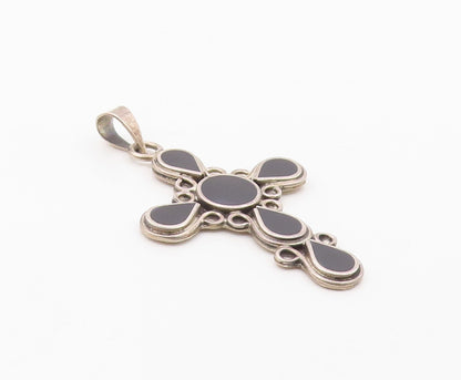MEXICO 925 Silver  Vintage Inlaid Black Onyx Religious Cross Pendant  PT20794
