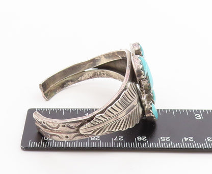 925 Sterling Silver Vintage Bracelet MEXICO Turquoise Etched Leaf Cuff  BT11989