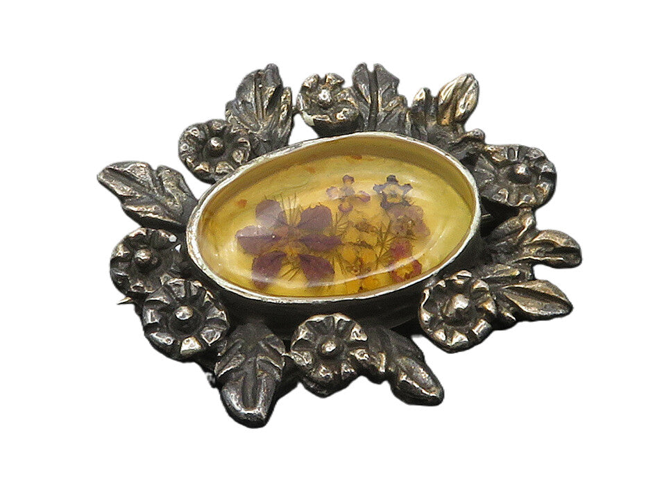 MEXICO 925 Silver  Vintage Flower Glass Art Floral Wreath Brooch Pin  BP4447