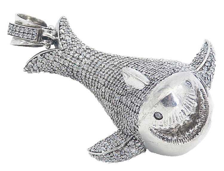 925 Sterling Silver  Vintage Cubic Zirconia Encrusted Shark Pendant  PT6207