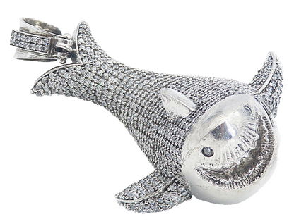925 Sterling Silver  Vintage Cubic Zirconia Encrusted Shark Pendant  PT6207