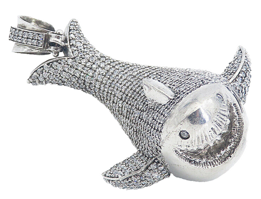 925 Sterling Silver  Vintage Cubic Zirconia Encrusted Shark Pendant  PT6207