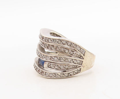 925 Sterling Silver Vintage Ring Cutout CZ & sapphire Inlay Bands Sz 9.5 RG31670