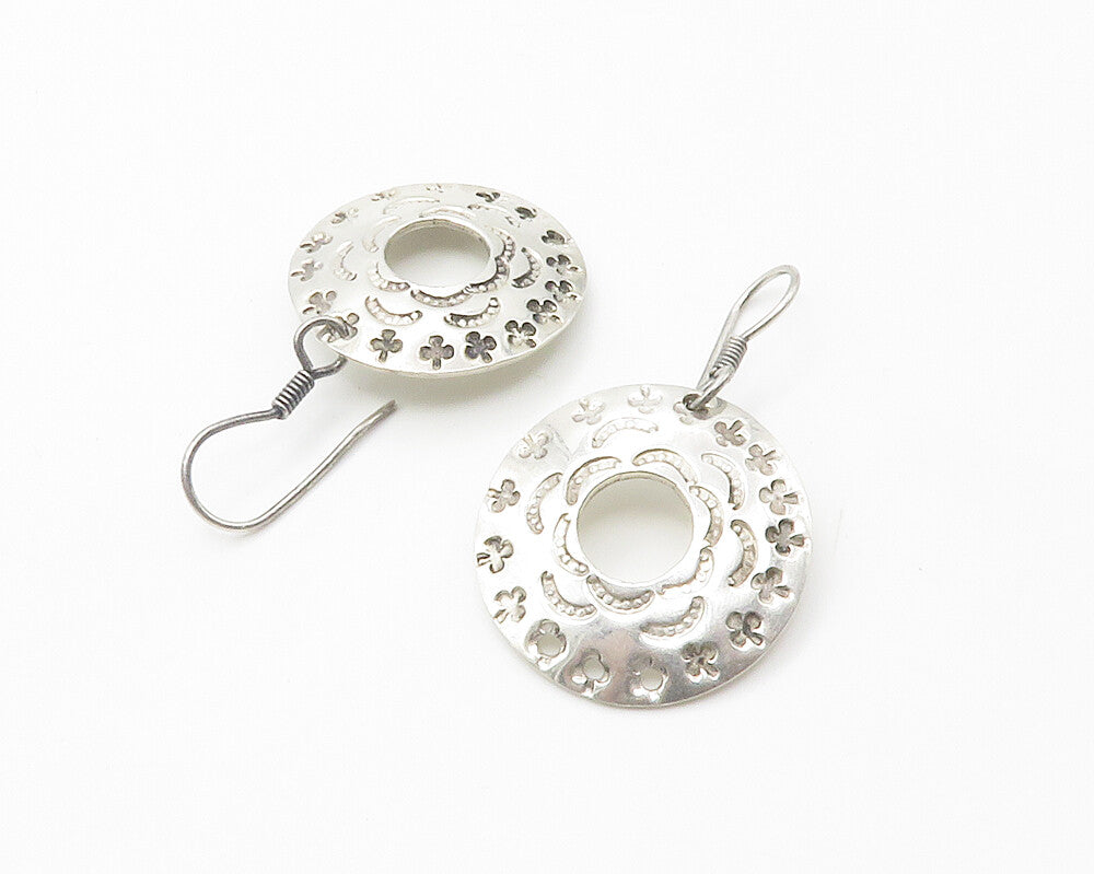 MEXICO 925 Sterling Silver  Vintage Shiny Etched Round Drop Earrings  EG7289