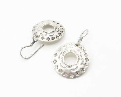 MEXICO 925 Sterling Silver  Vintage Shiny Etched Round Drop Earrings  EG7289