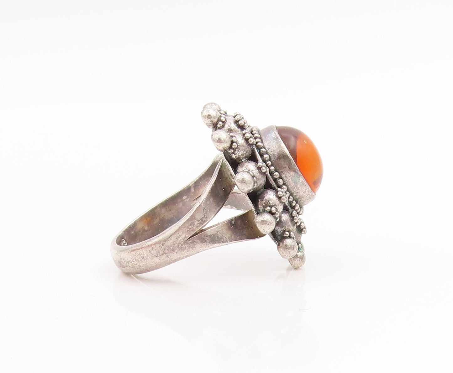 925 Sterling Silver Vintage Ring Round Cabochon Amber Floral Band  Sz 7  RG33799