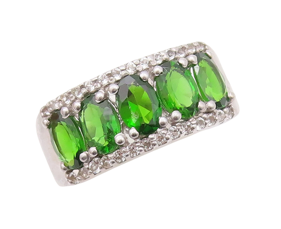 925 Sterling Silver Vintage Ring Oval Cut Green & White CZ Inlay Sz 7 RG30002