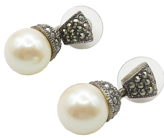 JUDITH JACK 925 Silver  Vintage Freshwater Pearl & Marcasite Earrings  EG8322