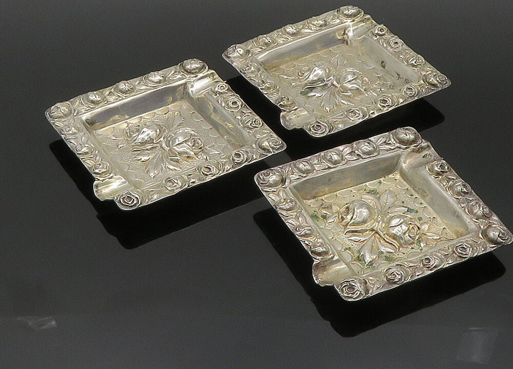 925 Sterling Silver  Vintage Shiny 3 Piece Floral Ash Tray Set  TR2851