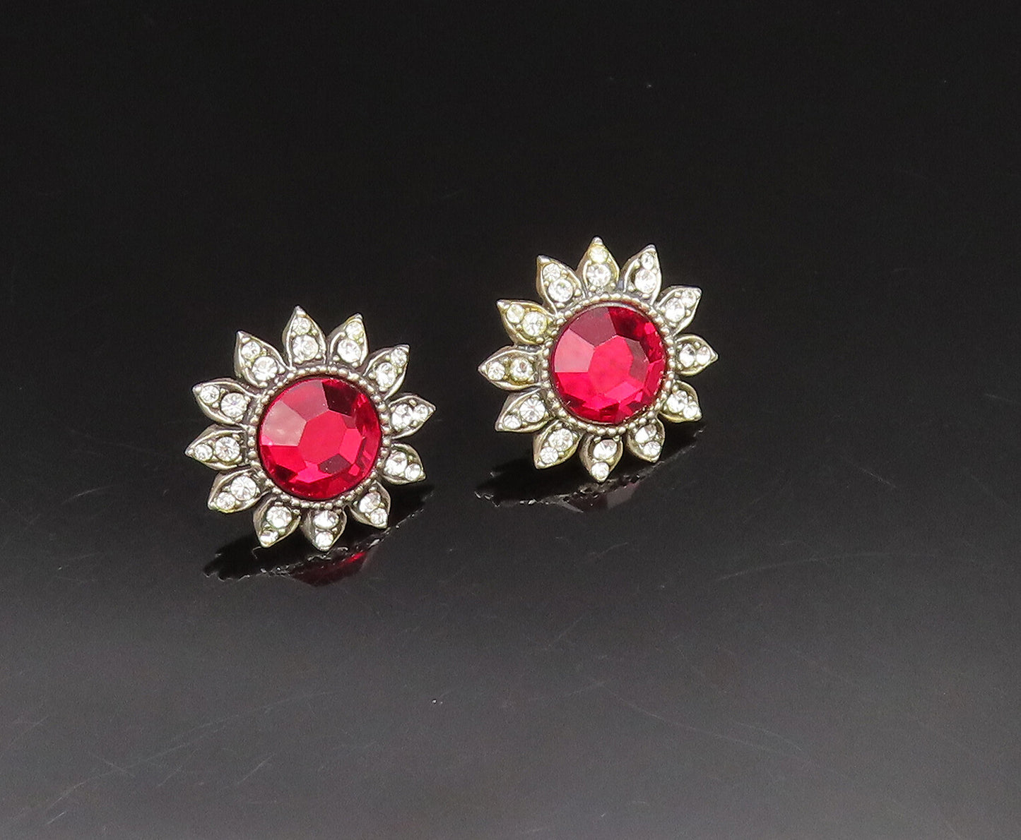 MMA 925 Silver  Vintage Antique Floral Rhinestones Stud Earrings  EG11938