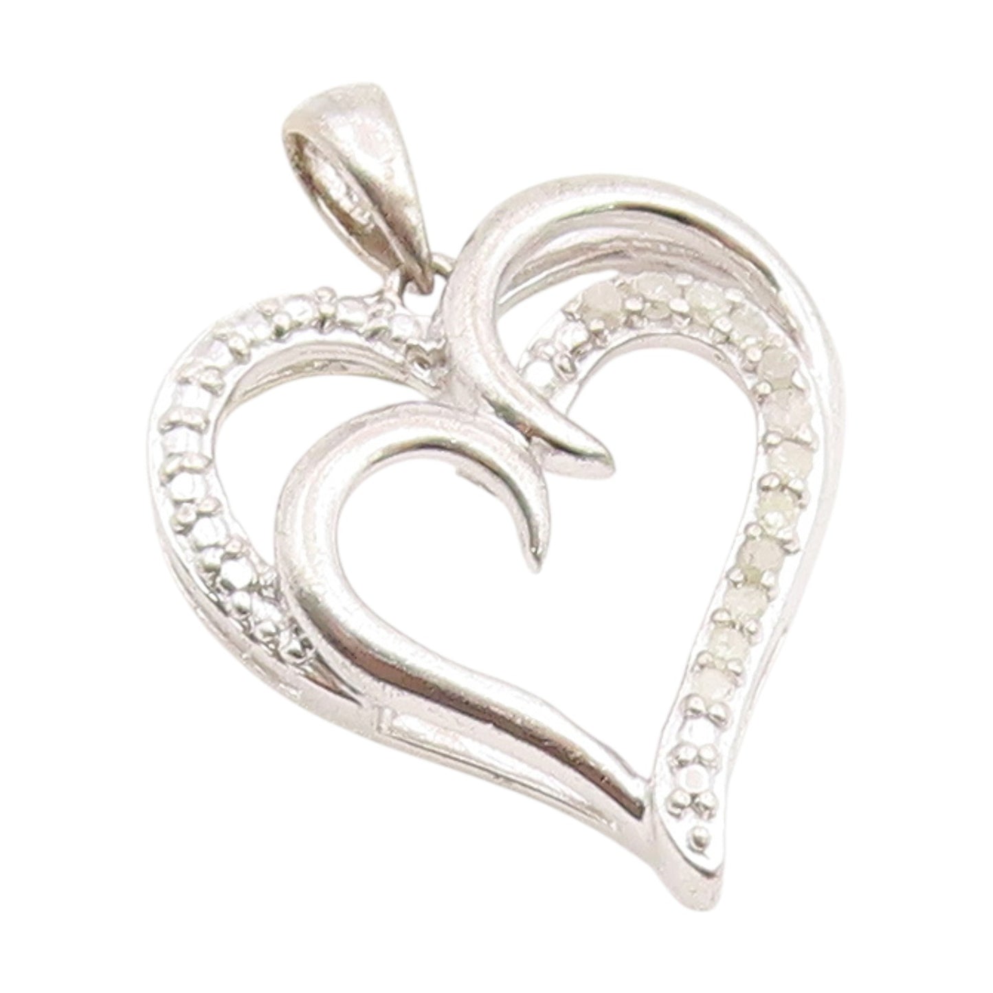 925 Sterling Silver Vintage Pendant Genuine Diamonds Double Love Heart  PT25975
