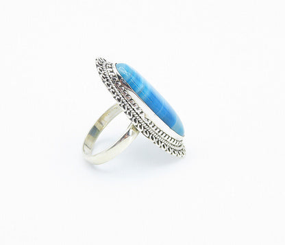 925 Sterling Silver  Blue Agate Shiny Circle Border Cocktail Ring Sz 10 RG8428