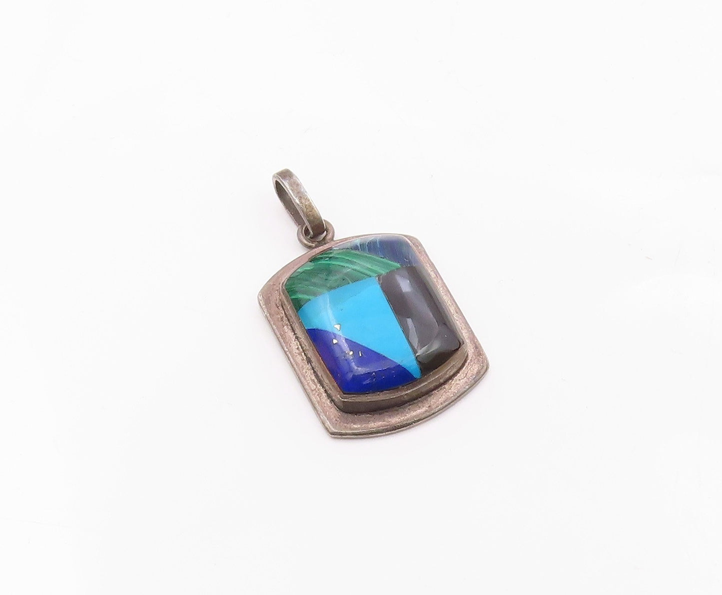 MEXICO 925 Silver  Vintage Inlaid Malachite Onyx & Multi Stone Pendant PT21188