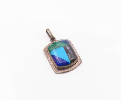 MEXICO 925 Silver  Vintage Inlaid Malachite Onyx & Multi Stone Pendant PT21188