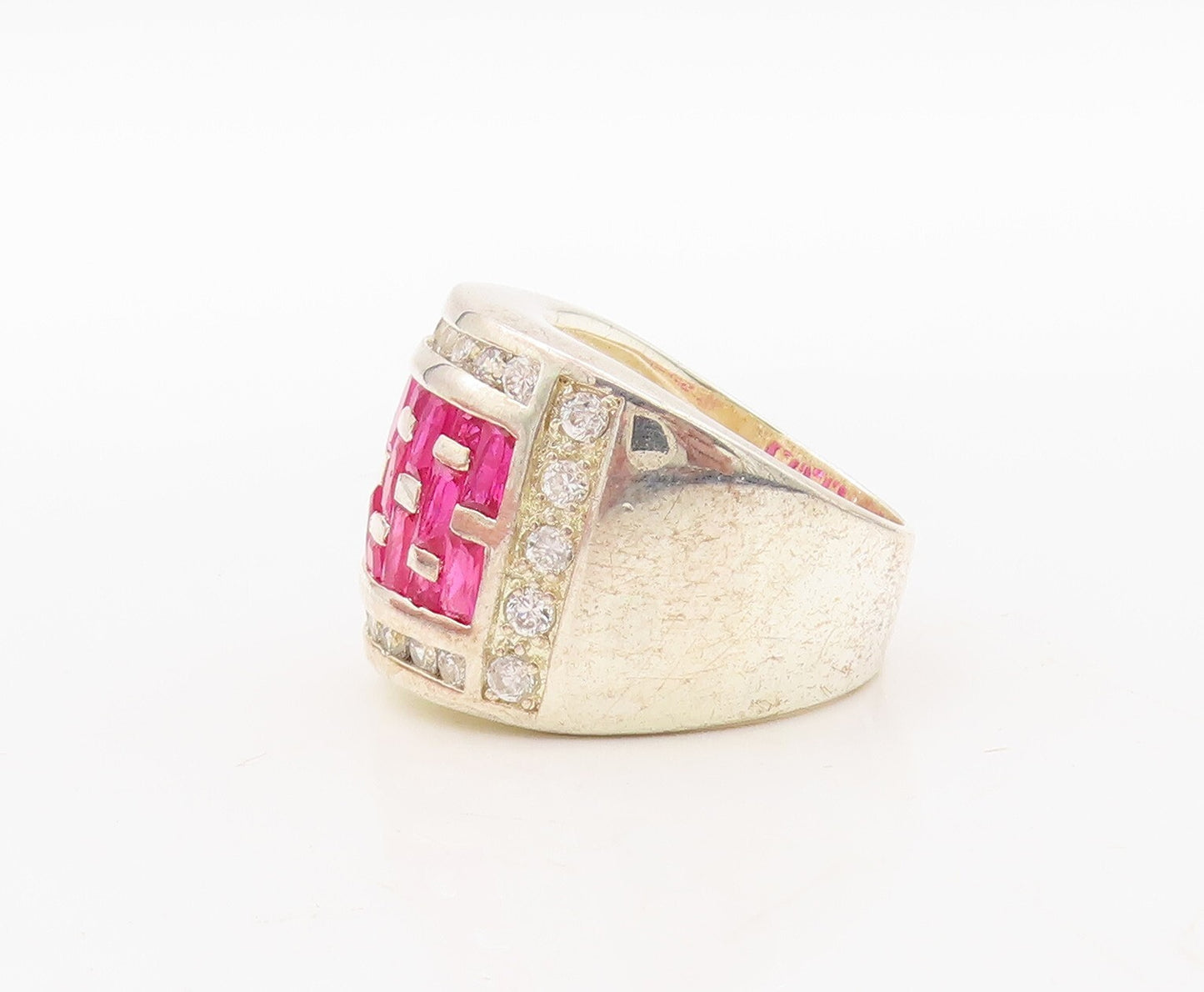 925 Sterling Silver Vintage Ring Designer Pink & White CZ Inlay  Sz 7  RG31113