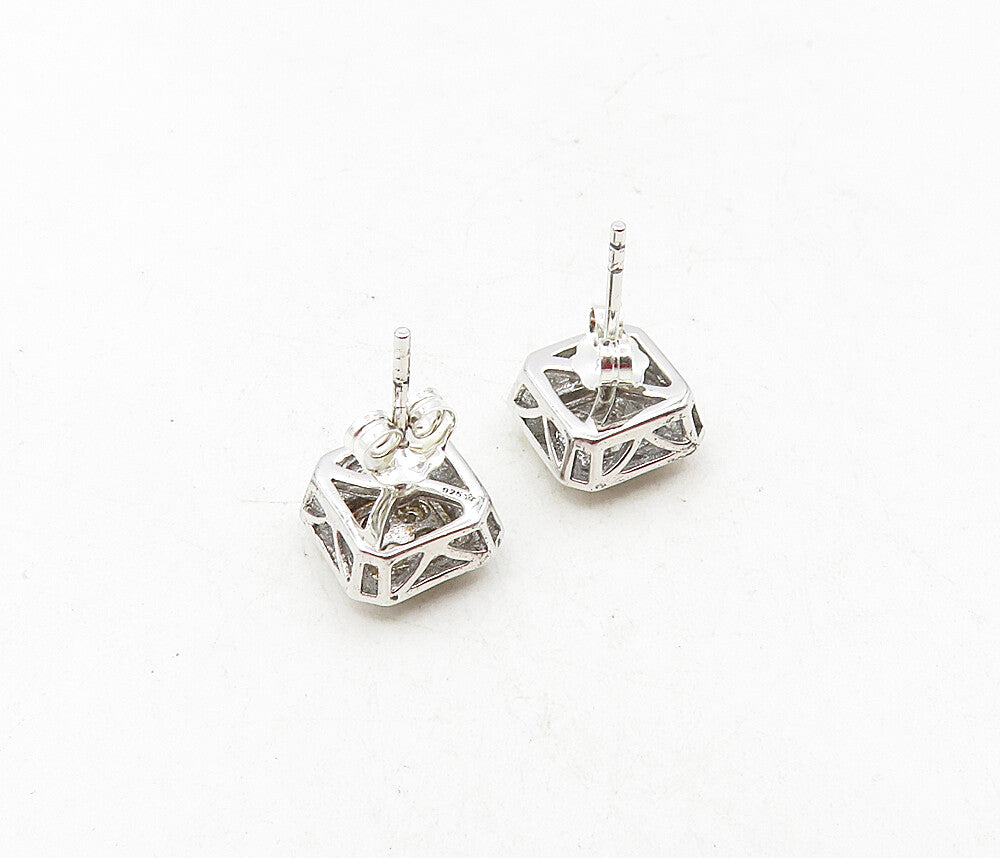 925 Sterling Silver  Shiny Genuine Diamonds Square Stud Earrings  EG4670