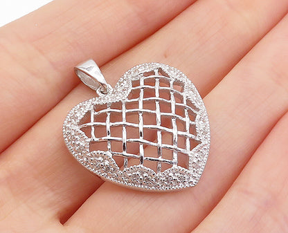 925 Sterling Silver  Sparkling Topaz Basket Weave Love Heart Pendant  PT5343